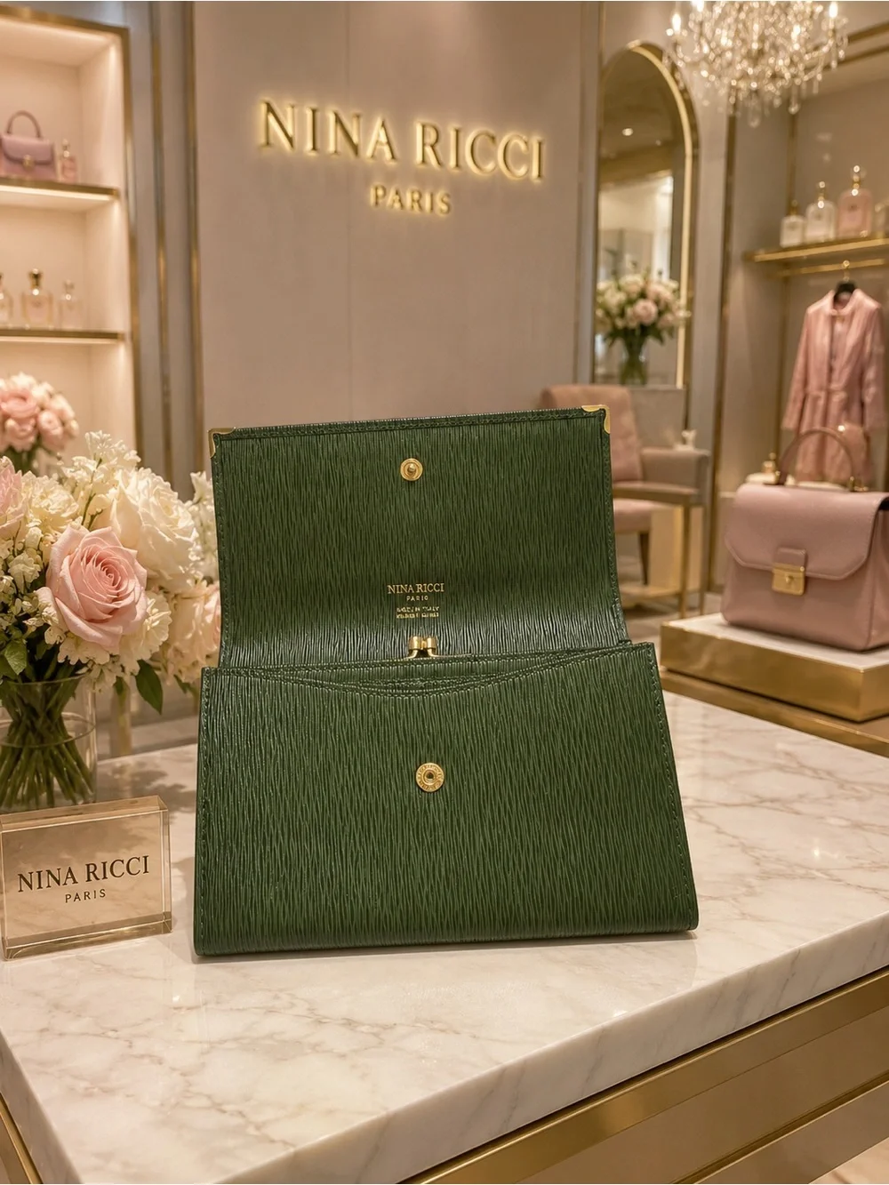 Nina Ricci Dark Green Textured Leather Clutch with Gold Accents